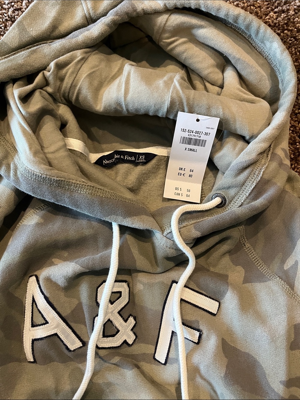Abercrombie & Fitch Olive Green Camo Hoodie with White Drawstrings